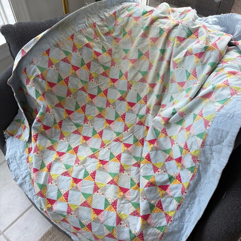 Vintage Handmade Patchwork Baby Quilt Blue Red Yellow Triangle Antique 53x41